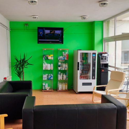 Sala de estar con ventanal y sofás